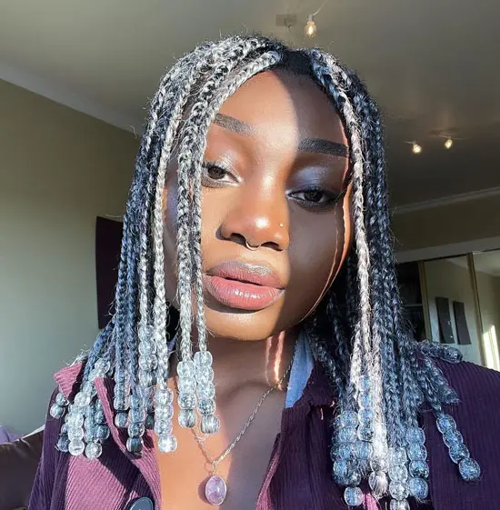 Grey and Black Short Box Braids with Beads