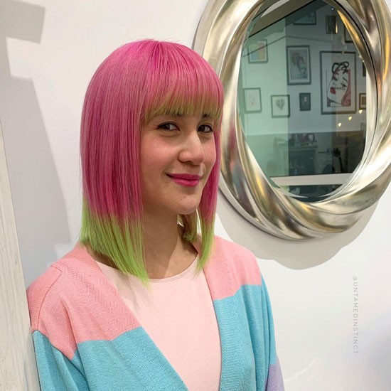 Hot Pink Mid Length Shaggy Bob with Green Streaks