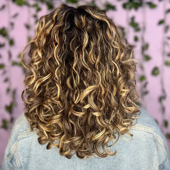 Medium Length Curly U Cut Layers with Frosty Tips
