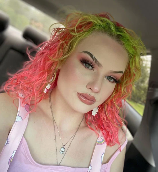 Pink and Green Curl Comb Over with Elevated Roots