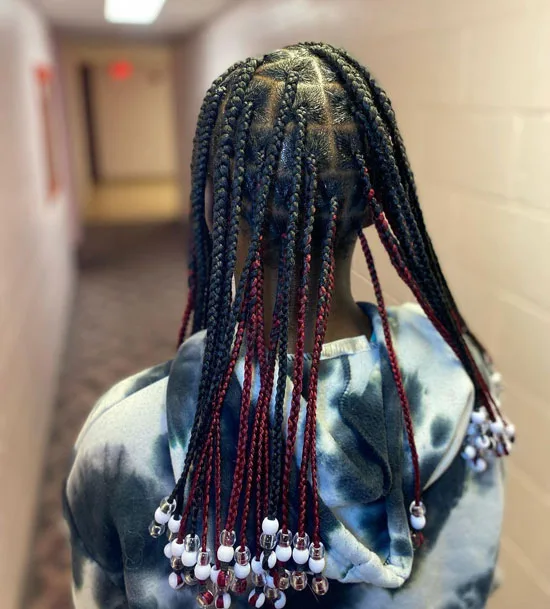Black and Red Knotless Braids with Beads